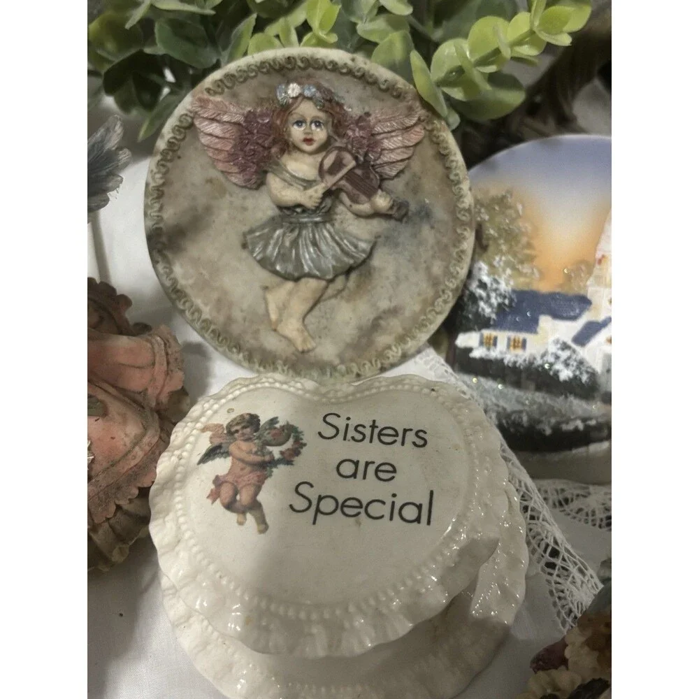 Vintage Angel Figurine Lot Girls Trinket Box Plate Cottagecore Decor Shabby Chic